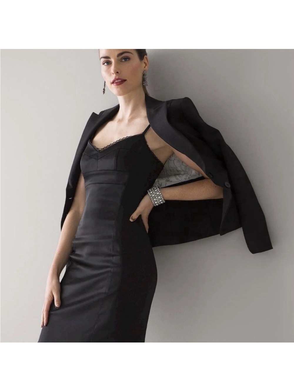 Classic Black Satin Bustier Sheath Dress with Structured Seams. NWT